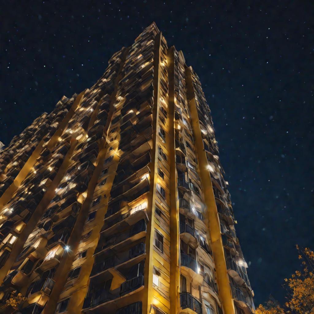 Вид снизу на высокое жилое здание, светящееся теплым желтым светом на фоне темно-синего вечернего неба. Выше сверкают яркие звезды. Прожекторы с земли светят лучами в небо.