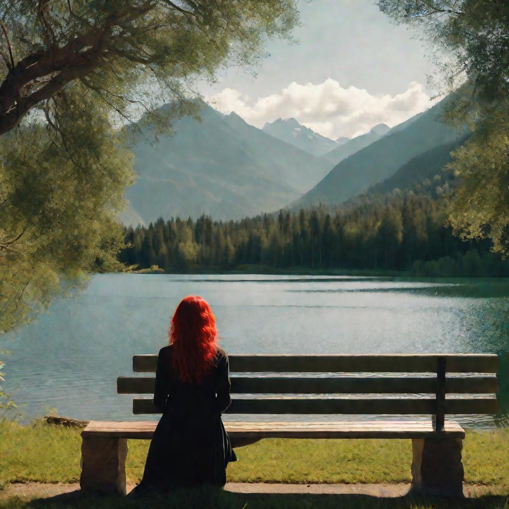 Вид сверху на молодую женщину, сидящую на скамейке у озера в окружении деревьев