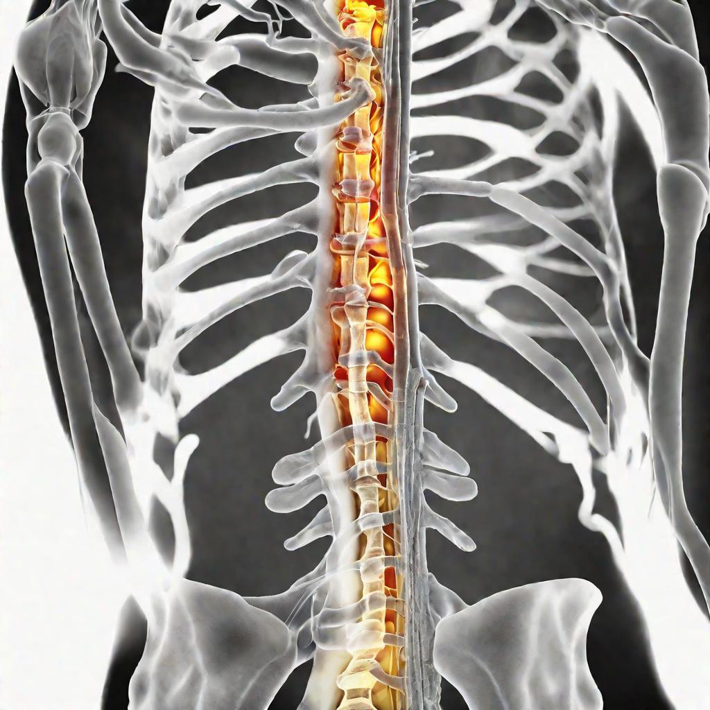 Рентгеновский снимок нижнего отдела позвоночника и нервных корешков. Имеется грыжа диска, сдавливающая нерв, обозначенная стрелкой. Изображение высокого разрешения с четкими деталями анатомических структур. Освещение нейтральное.