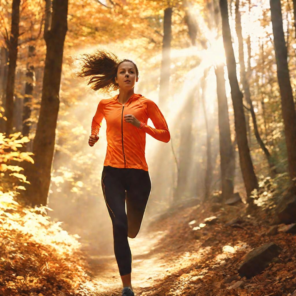 Молодая женщина с одышкой бегает в лесу осенью