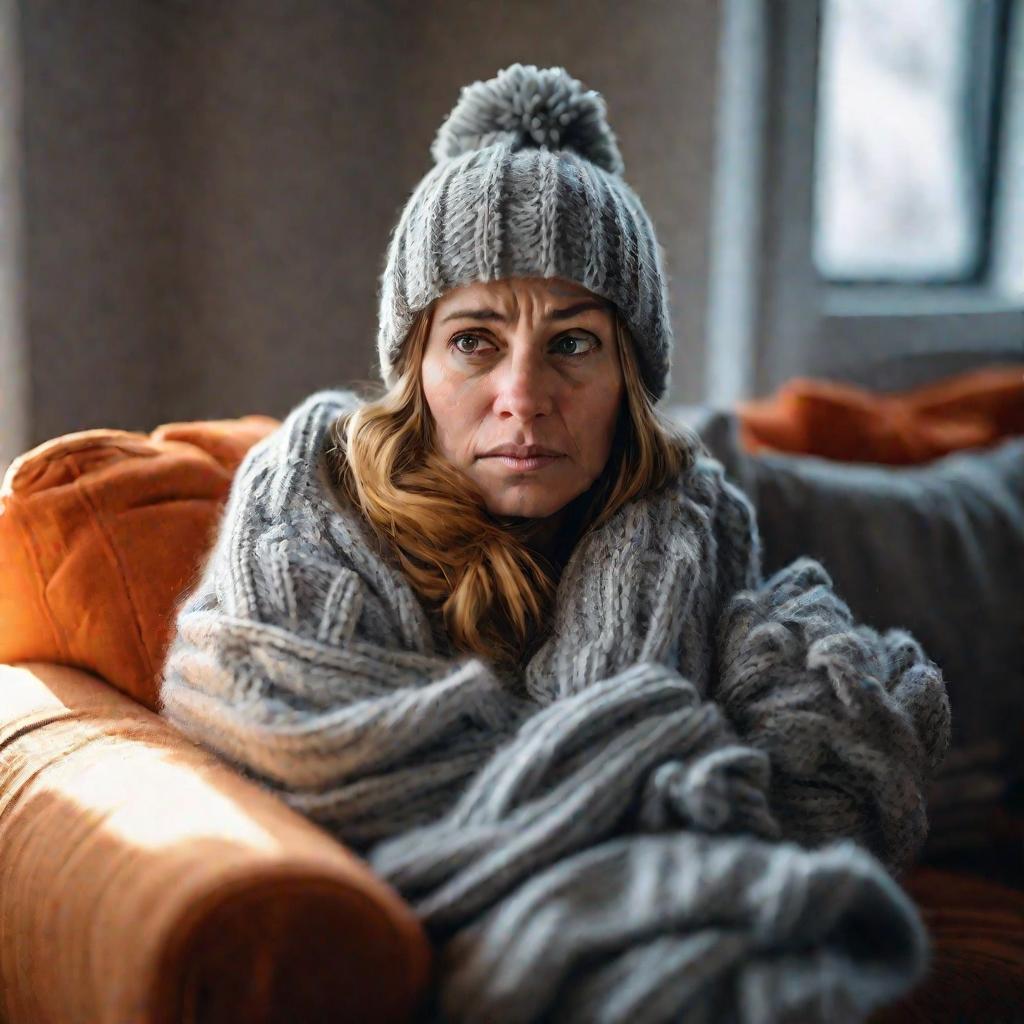 Замерзшая женщина на диване