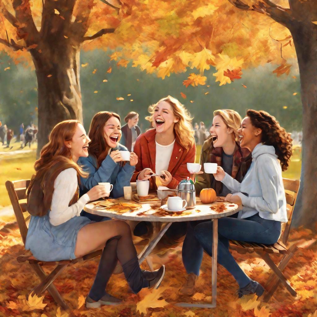 Компания друзей весело гадает на кофейной гуще на пикнике осенью