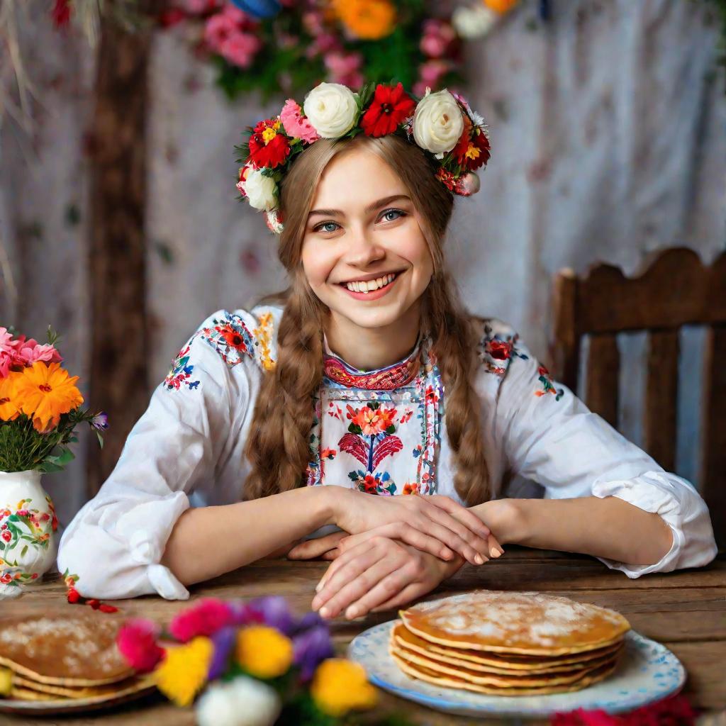 Портрет крупным планом улыбающейся русской девочки с венком из цветов на голове, в традиционной вышитой рубашке, держащей стопку домашних блинов на деревянном столе, украшенном чайным сервизом и цветами, во время празднования Масленицы.