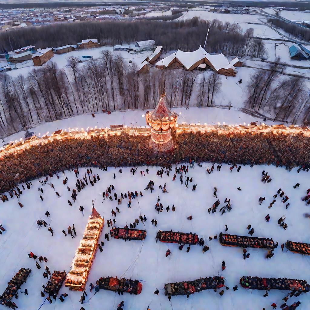 Вид с высоты дрона на многолюдный фольклорный фестиваль во время Масленицы в России. Сотни людей заполняют заснеженное поле, обрамленное торговыми палатками, играми и аттракционами. Костры и народные артисты освещают вечернее небо, усыпанное бумажными фон