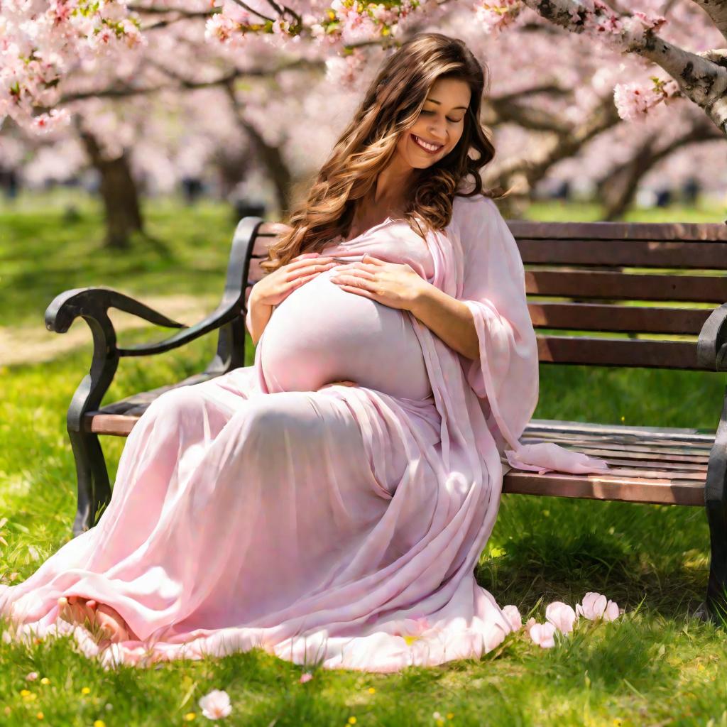 Беременная женщина в парке весной