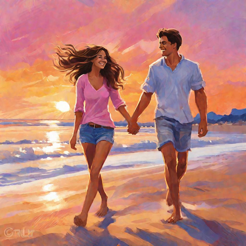 Молодая пара гуляет влюбленно за руку на пляже на закате.