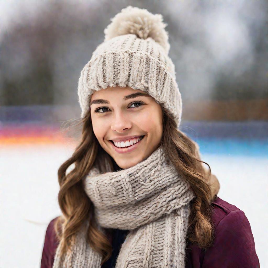 Девушка в стильной шапке катается на коньках