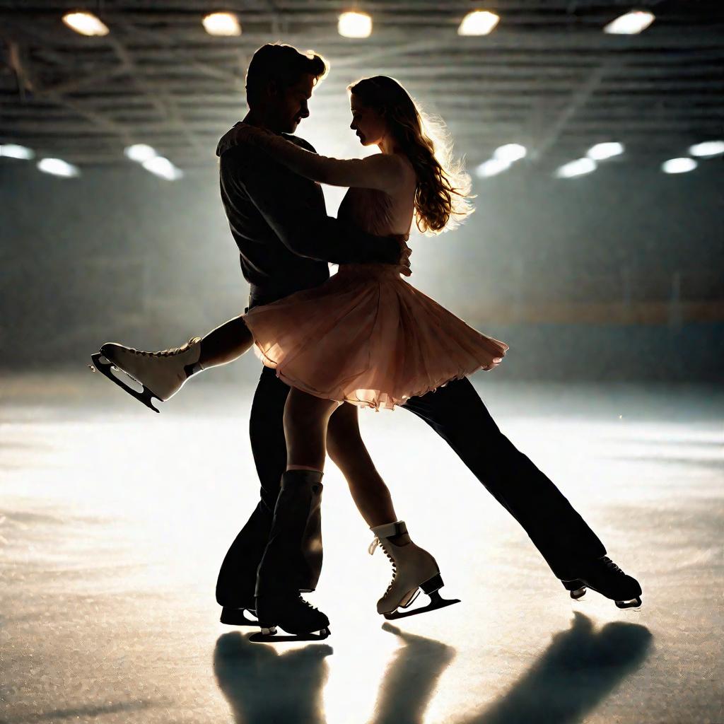 Пара катается на коньках в помещении, держась за руки