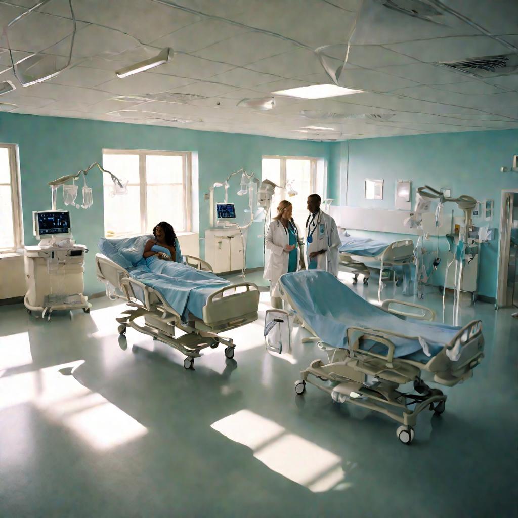 Панорамный вид сверху на современную больничную палату. Солнечный день, большие окна пропускают естественный свет. На переднем плане беременная женщина лежит в больничной кровати, подключенная к капельнице и мониторам. Она выглядит спокойной, медсестра пр