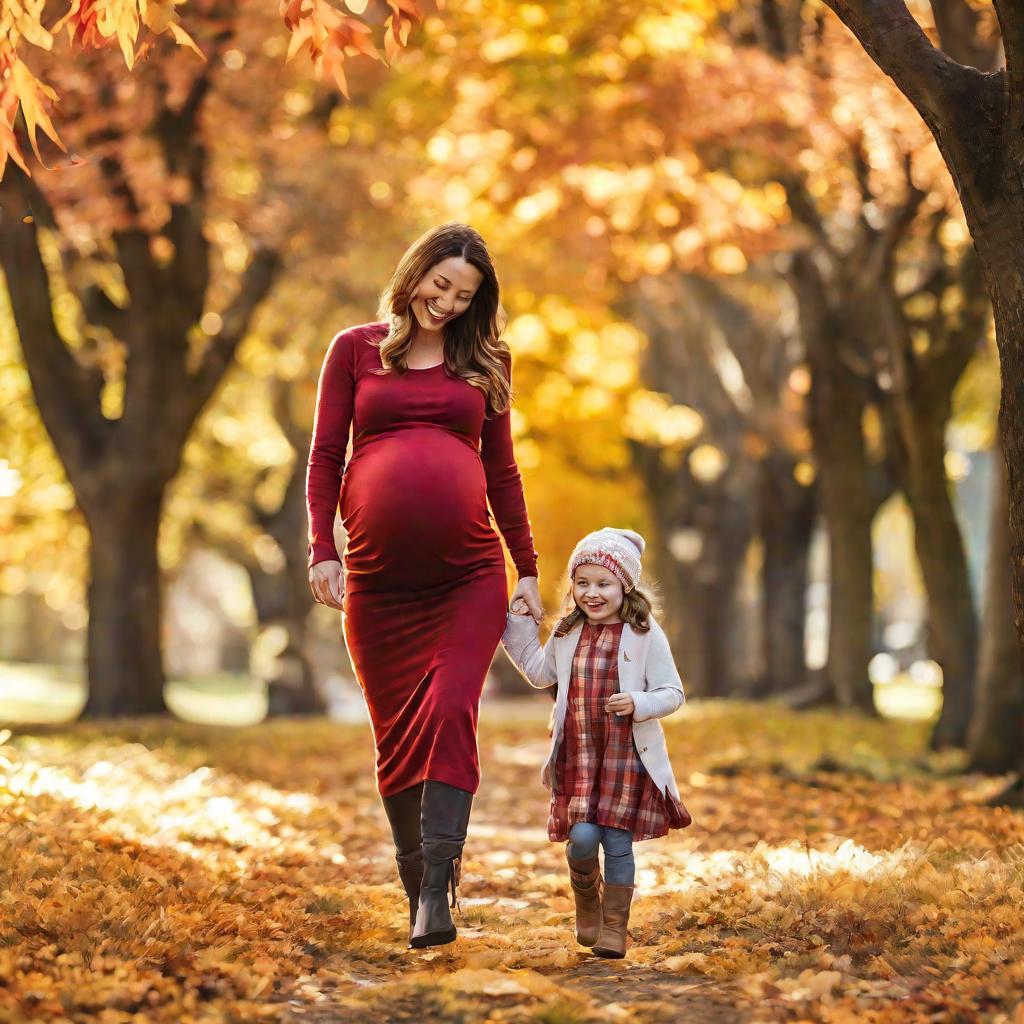 Беременная женщина гуляет с дочкой осенью