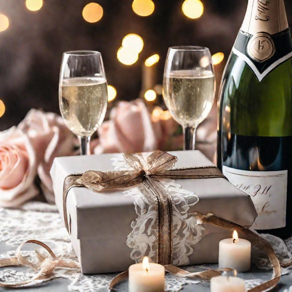 Крупный кинематографический снимок красиво упакованных подарков к годовщине на столе, украшенном кружевом, свечами и цветами, рядом с двумя бокалами шампанского, готовыми отпраздновать 13 лет брака.