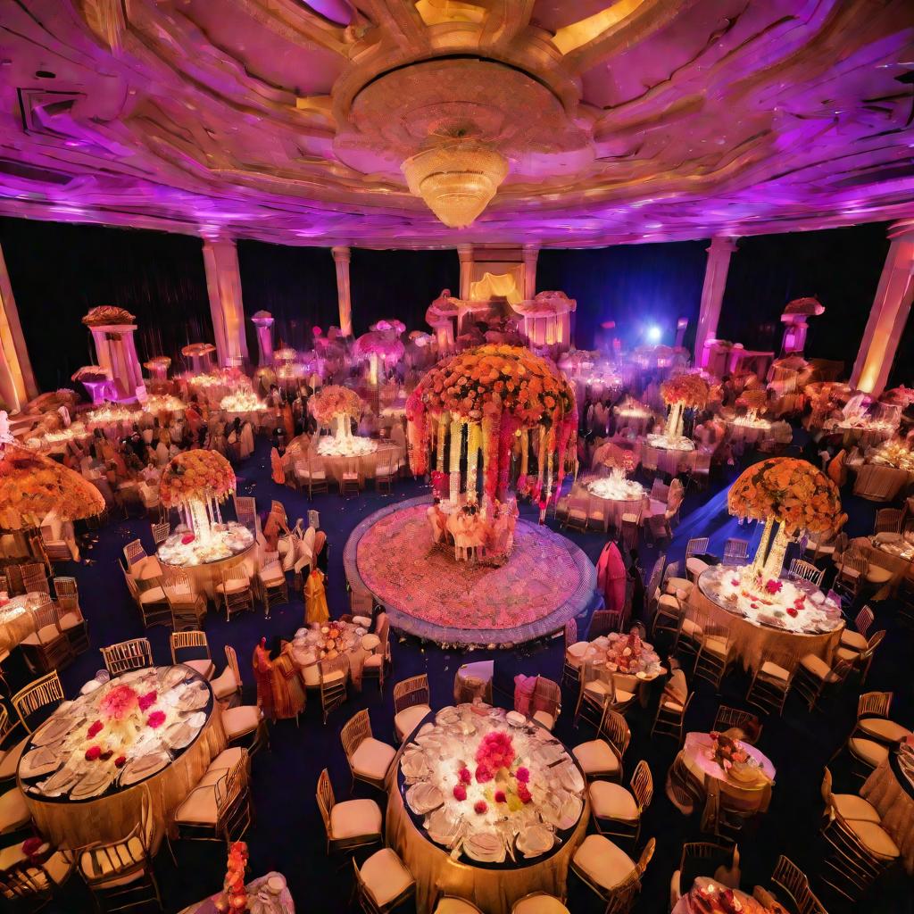 Пышный свадебный банкет в богато украшенном бальном зале отеля. Множество гостей за накрытыми столами. На сцене танцующая в красном невеста.