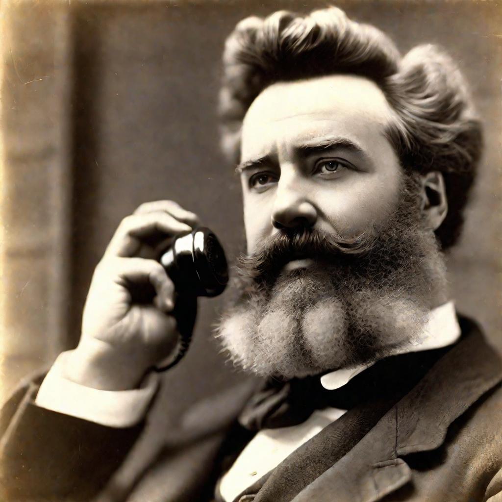 Крупный план Александра Белла, говорящего в прототип телефона в 1876 году. Белл на улице перед деревянной стеной. Солнечный свет создает эффект ореола на его волосах и сбоку лица. Его выражение сосредоточенное и видящее будущее, когда он совершает первый 