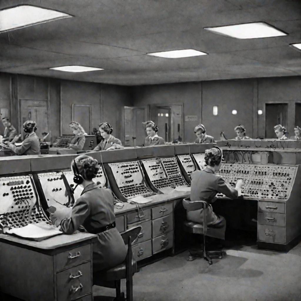 Общий вид коммутаторной телефонисток в начале 1950-х годов. Множество операторов в единой униформе и прическах вручную соединяют линии, вставляя штекеры в коммутаторы. Комната ярко освещена, атмосфера напряженная, помещение заполнено длинными рядами комму