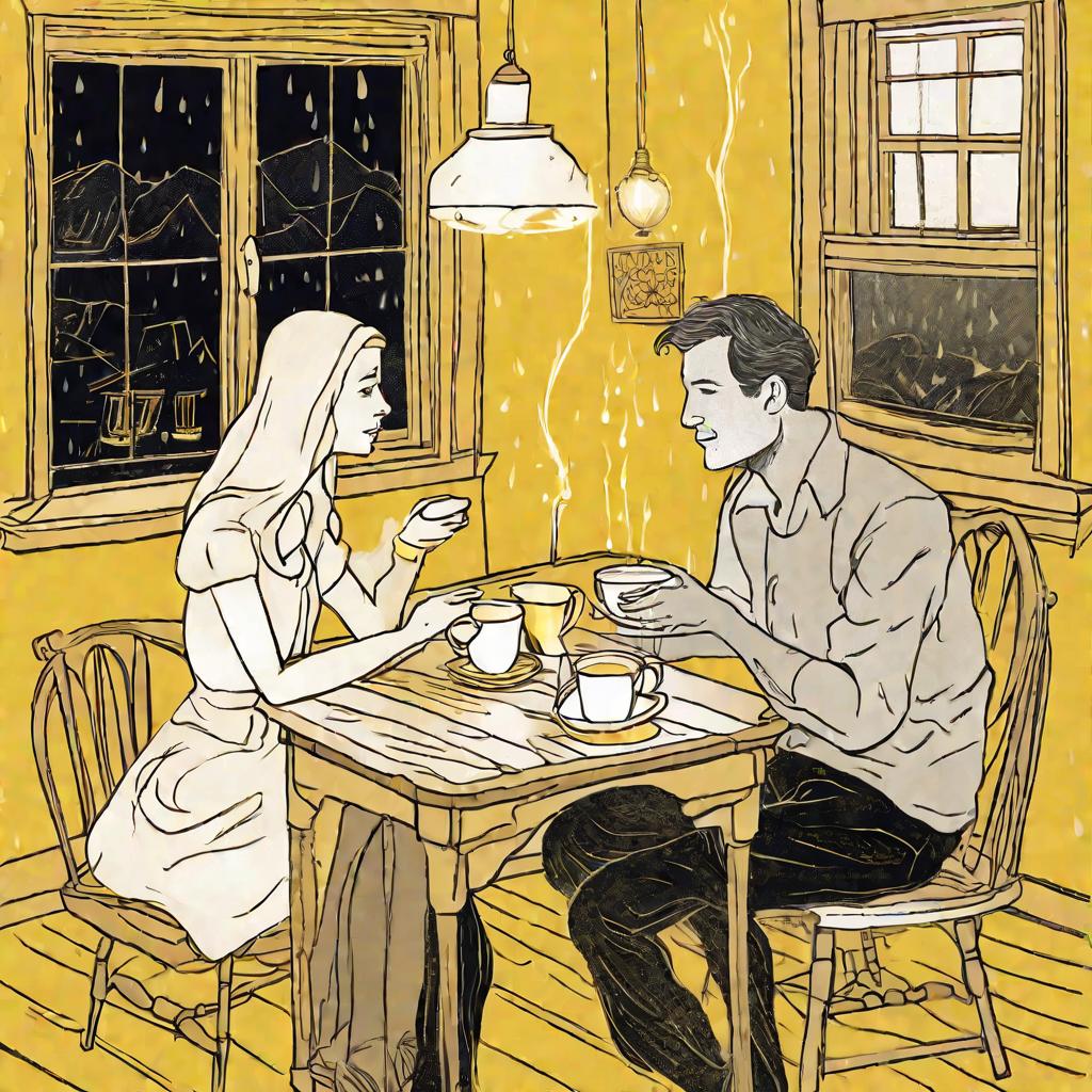Пара за чашкой чая ведет задушевный разговор в уютной домашней обстановке