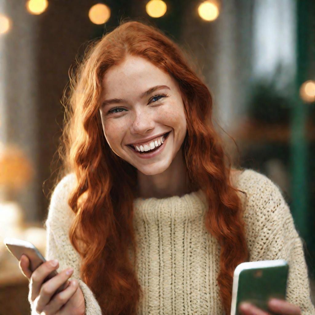 Девушка с радостной улыбкой разговаривает по видеосвязи на смартфоне