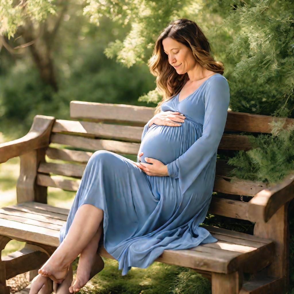 Беременная женщина ласково прижимает большой живот