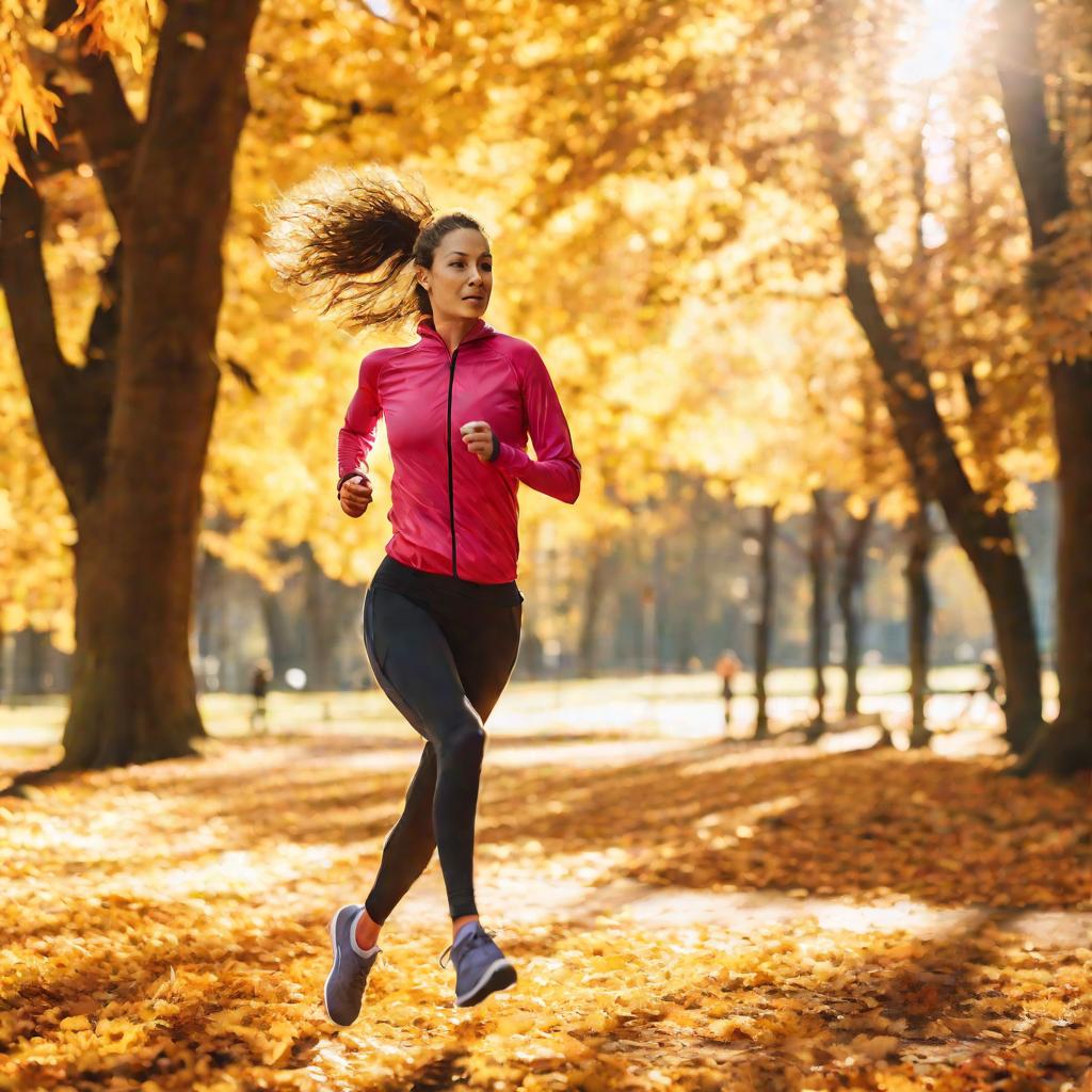 Женщина бегает по парку осенью