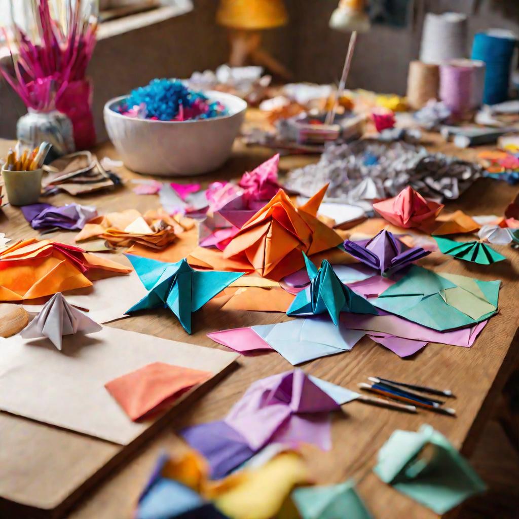 Множество разноцветных модулей и незаконченных оригами на столе