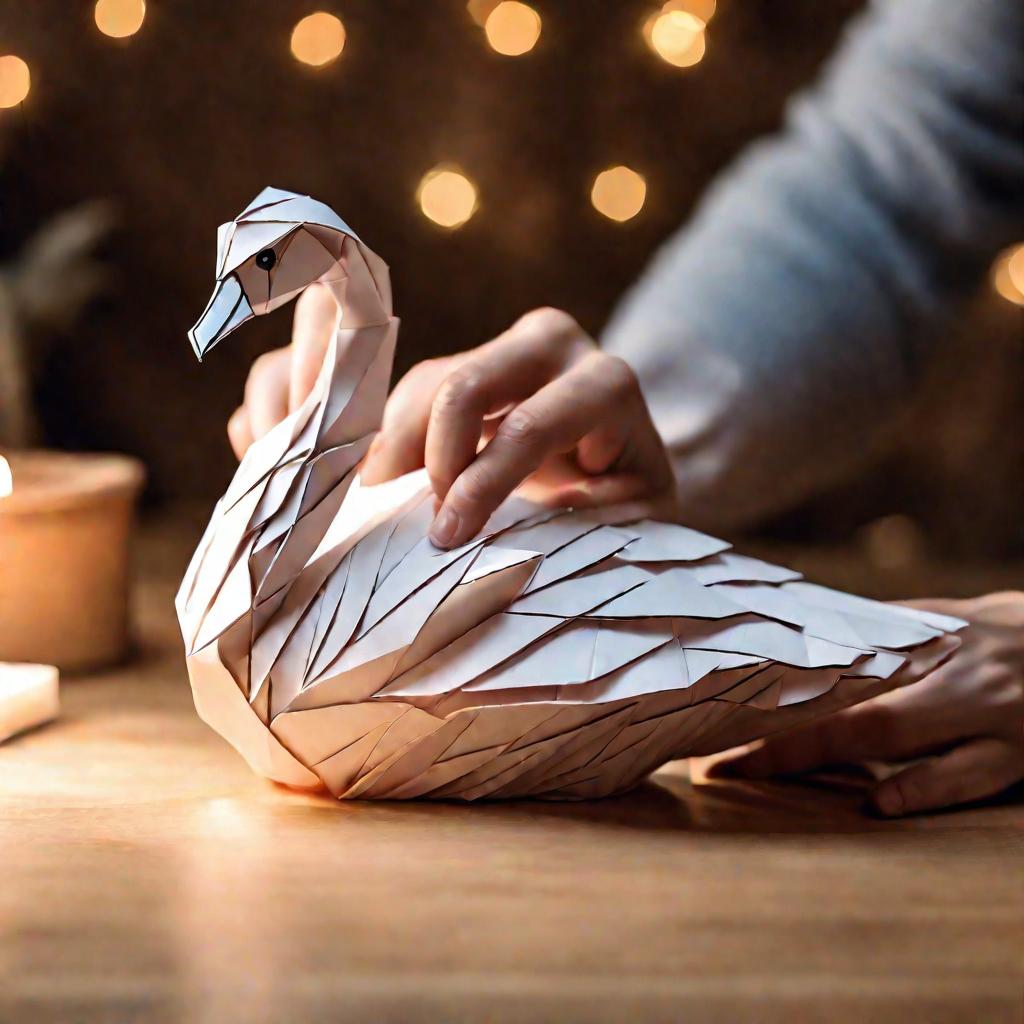 Рука человека соединяет модули, собирая оригами лебедя