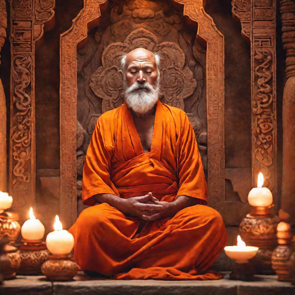 Портрет пожилого монаха, медитирующего при свечах у стены древнего храма