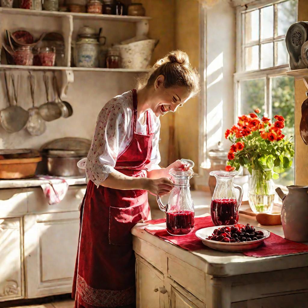 Женщина разливает компот из вишни по банкам на кухне