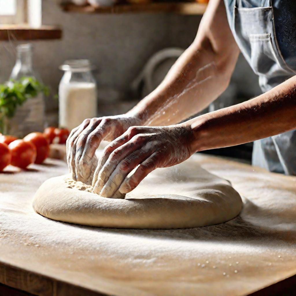 Руки замешивают тесто для пиццы на мукой посыпанной столешнице