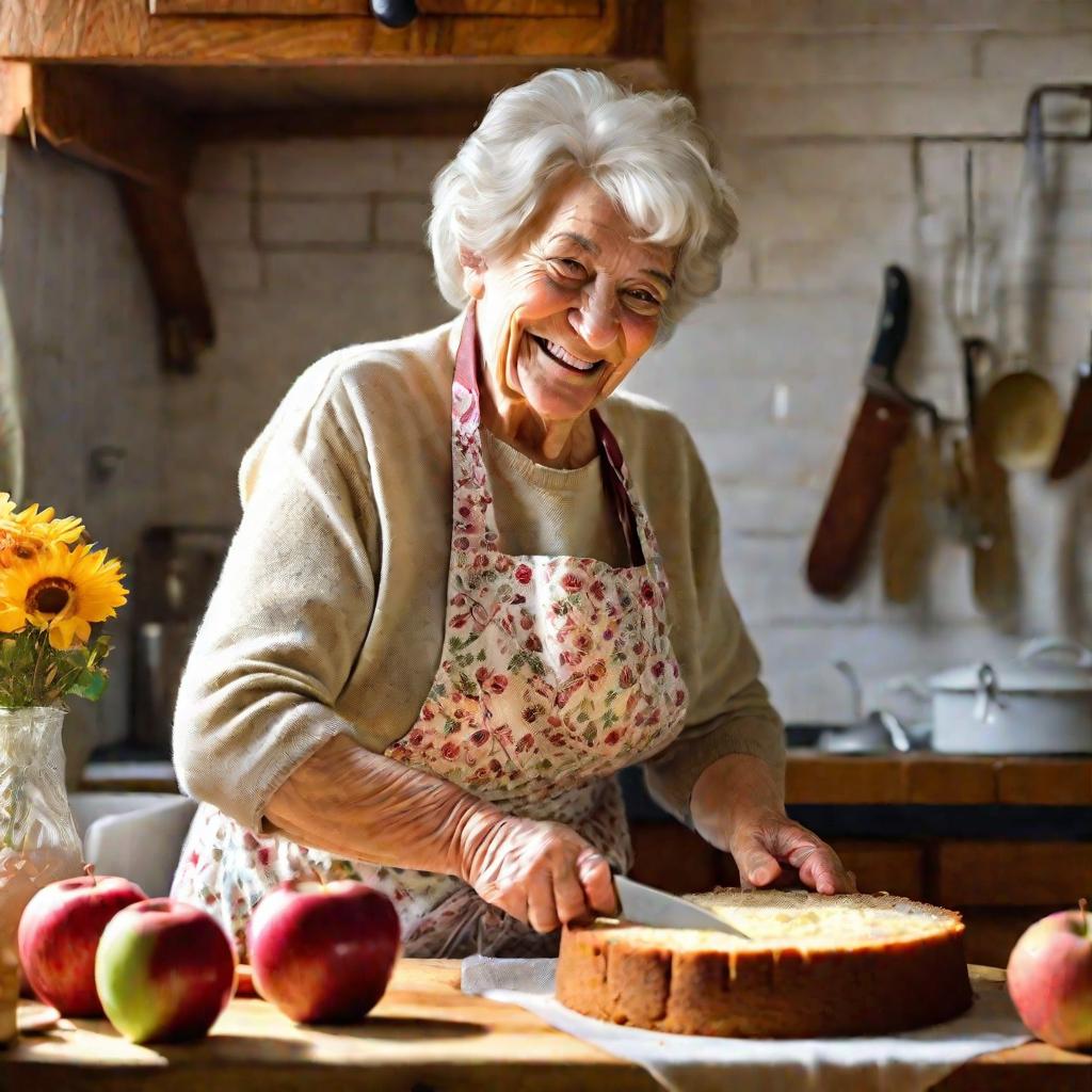 Бабушка нарезает яблочную шарлотку