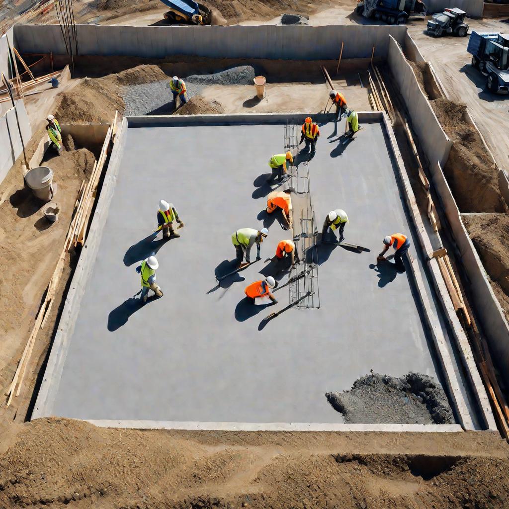 Строительная площадка с заливкой бетона в фундамент