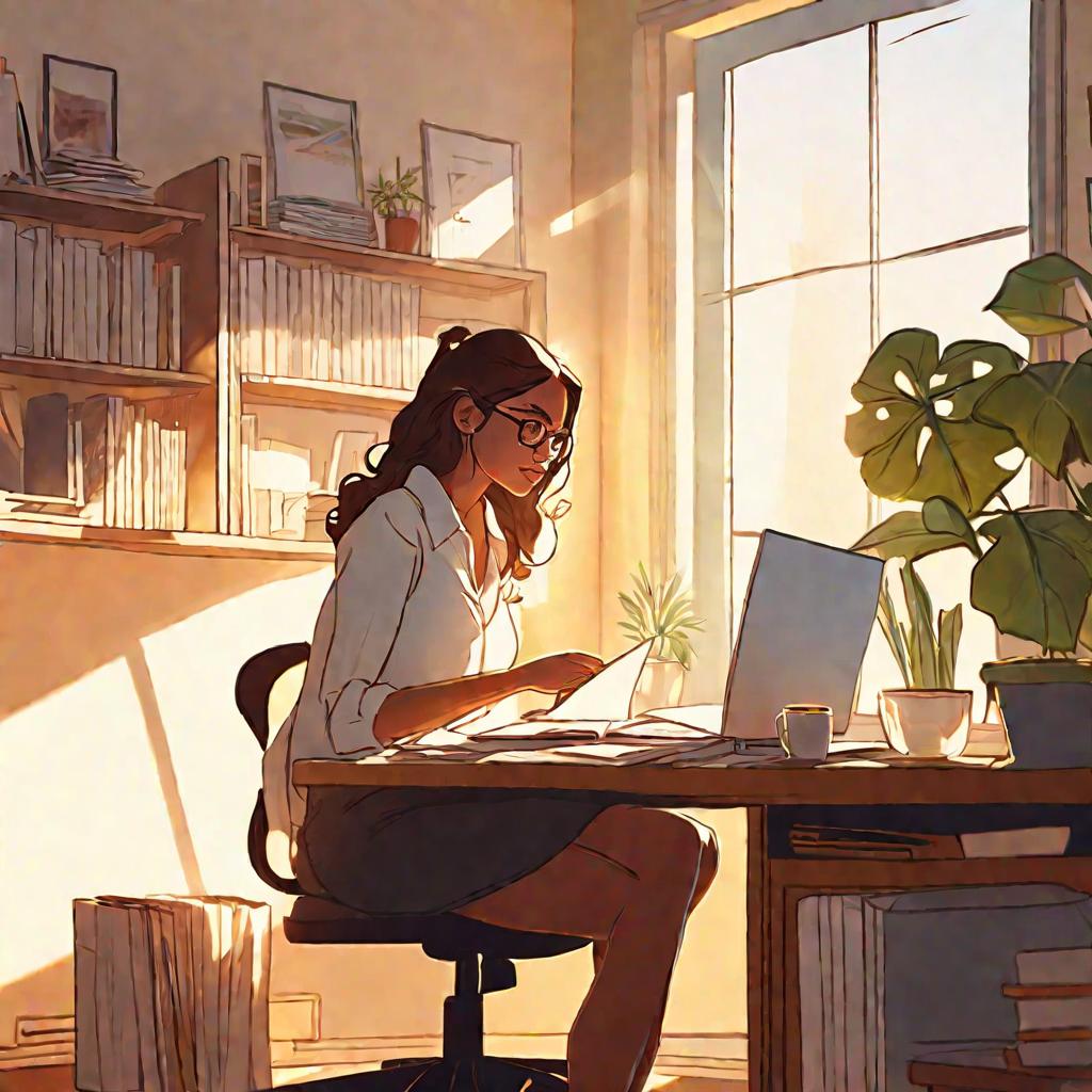 Молодая женщина в деловой одежде работает на ноутбуке в домашнем офисе вечером при золотом свете