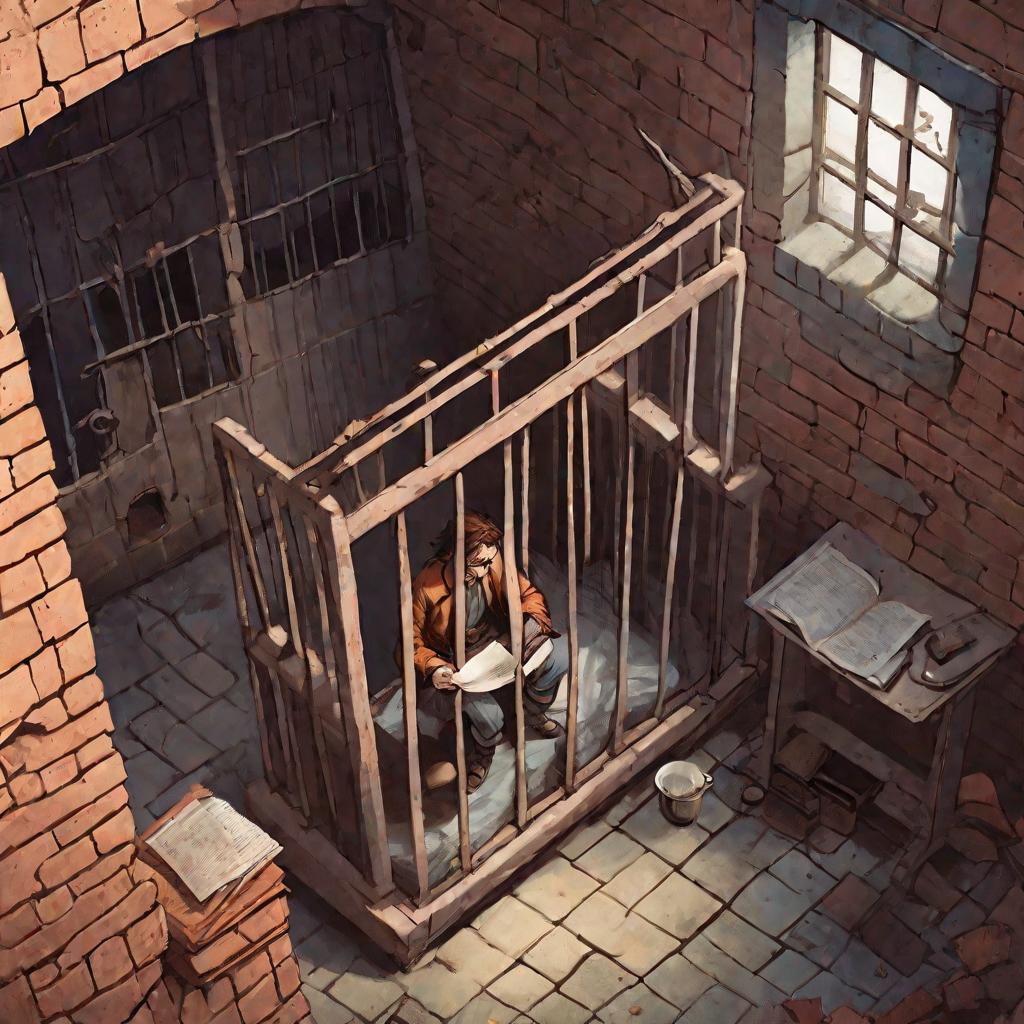 Вид сверху на тюремную камеру с решеткой на окне, там сидит небритый узник в грязной одежде и читает письмо о штрафах за неуплату налогов.