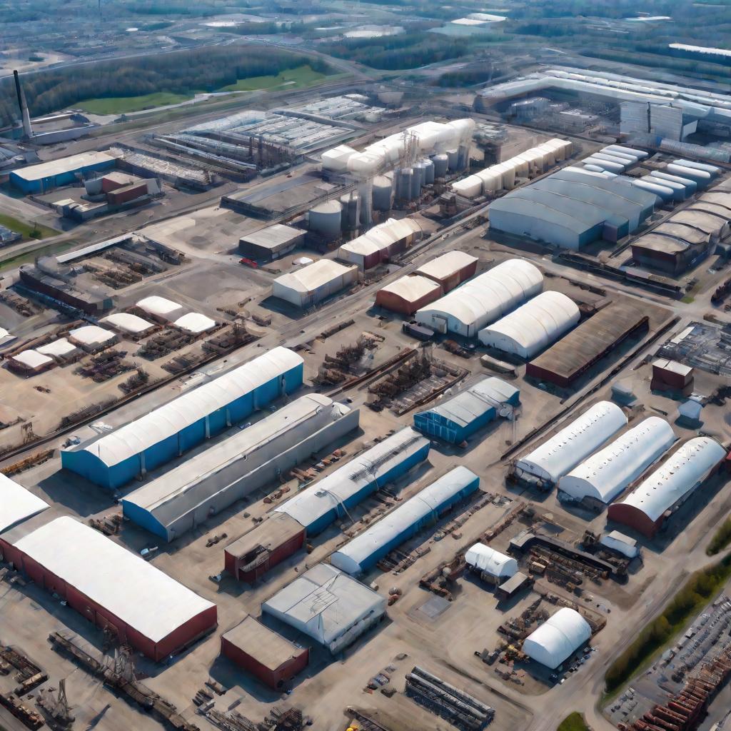Вид сверху на современный индустриальный завод в солнечный день