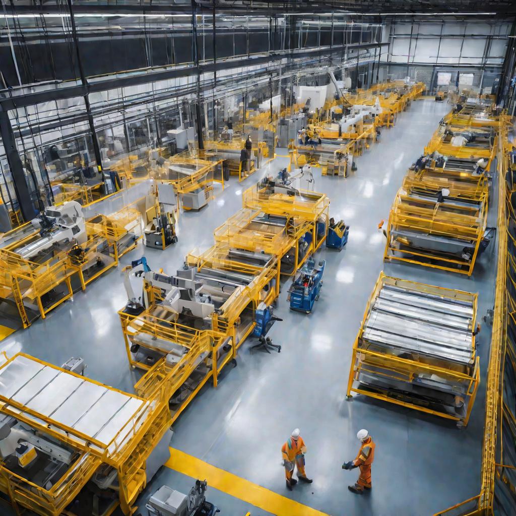 Вид сверху на цех с рабочими в средствах защиты, управляющими высокотехнологичным оборудованием и роботами для производства продукции. Видны конвейерные ленты и стеллажи на складе.