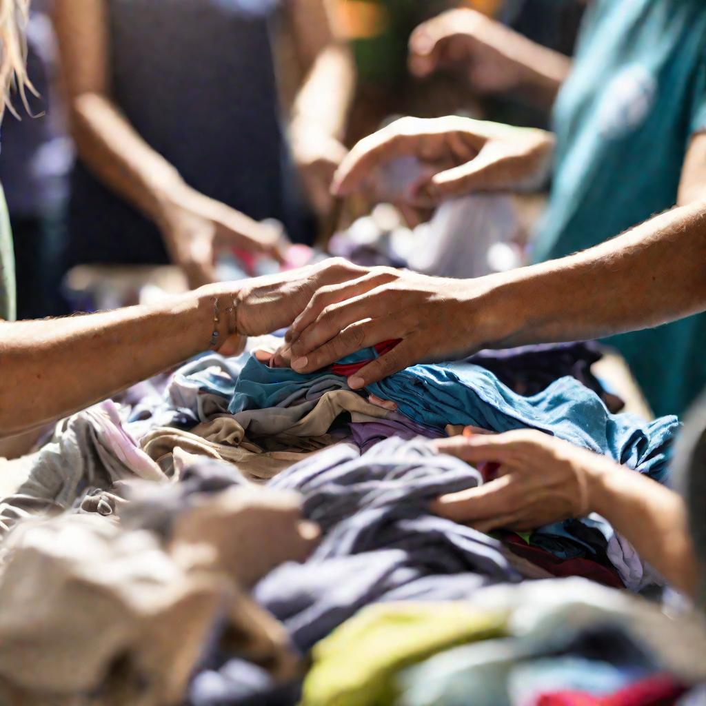 Фото волонтеров сортирующих пожертвования одежды на мероприятии НКО в светлое время дня.
