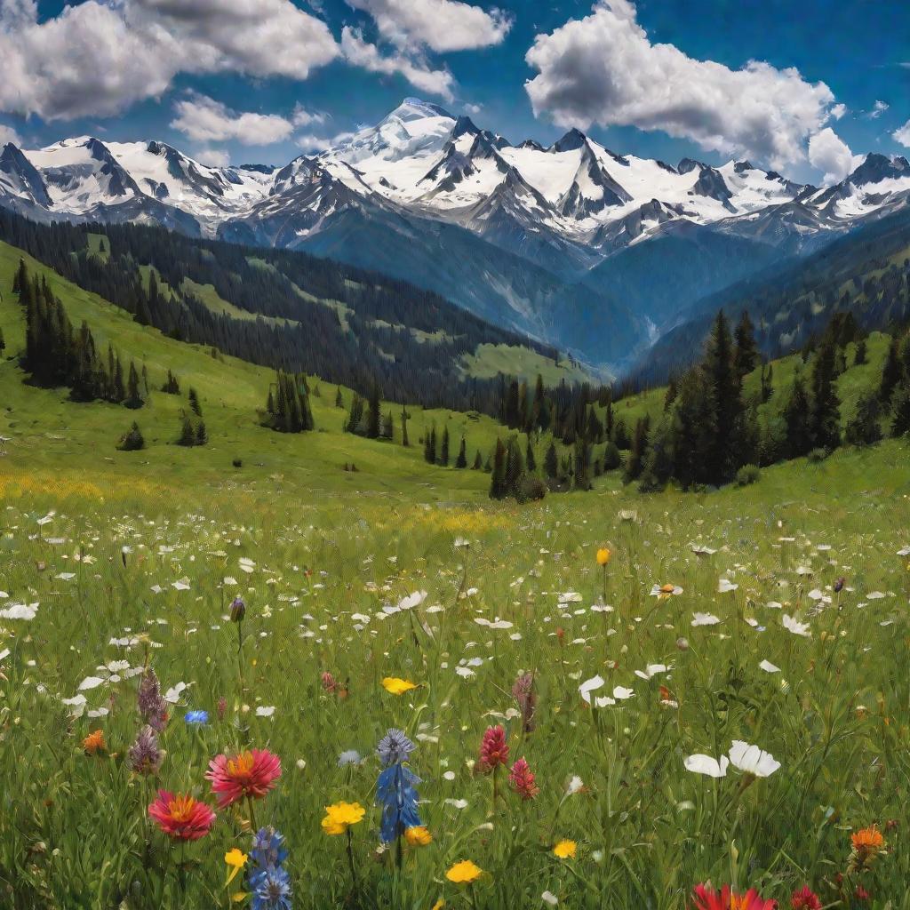 Луг с цветами на фоне гор
