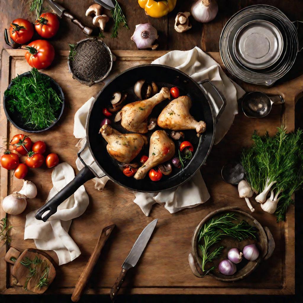 Сцена на кухне: повар готовит куриные голени с овощами