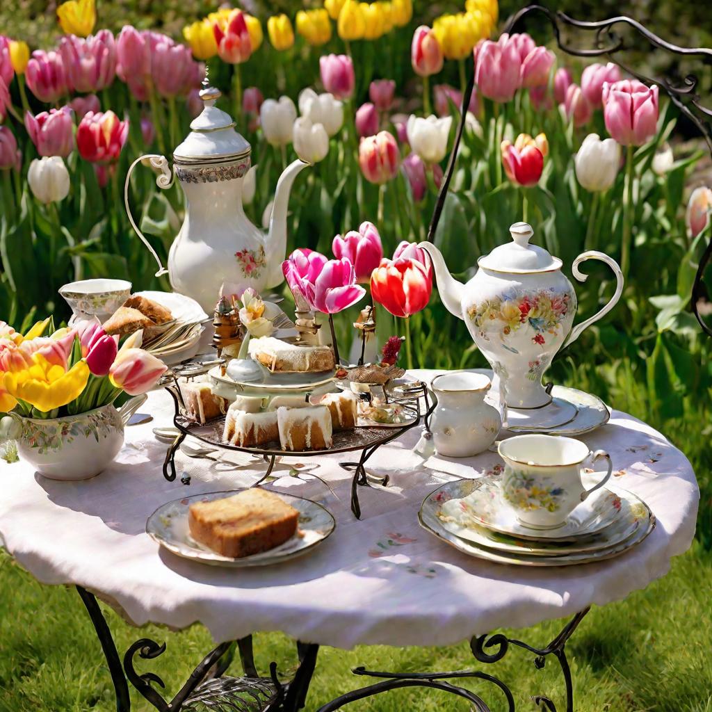 Чаепитие с медовым тортом на свежем воздухе весной.