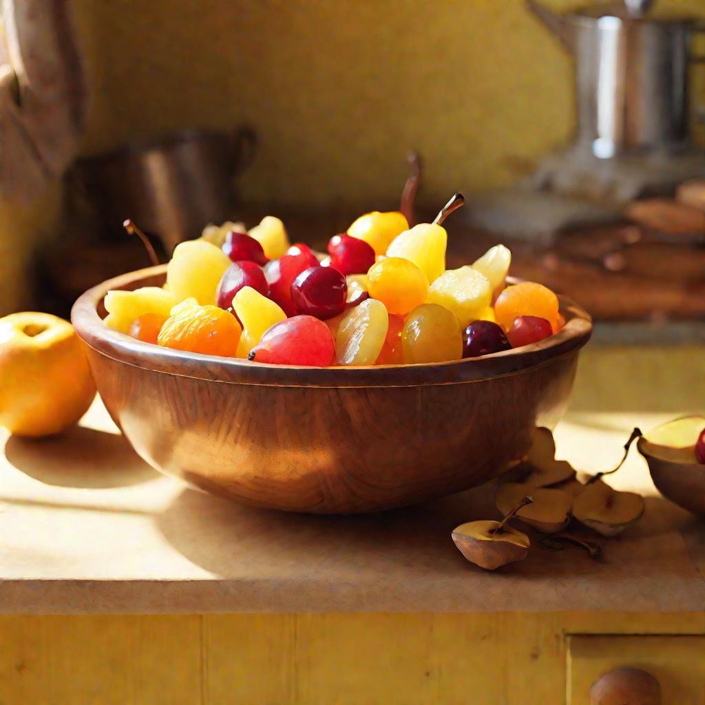 Разноцветные домашние цукаты из апельсинов, лимонов, вишни и абрикосов в деревянной миске, вокруг лежат ломтики груш и яблок. Теплый утренний свет заливает все фрукты. На заднем плане видна желтая кухня с медными кастрюлями на стене.