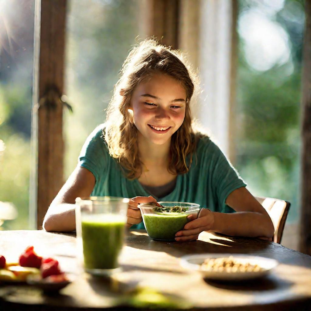 Девушка-подросток ест полезный завтрак в солнечном свете