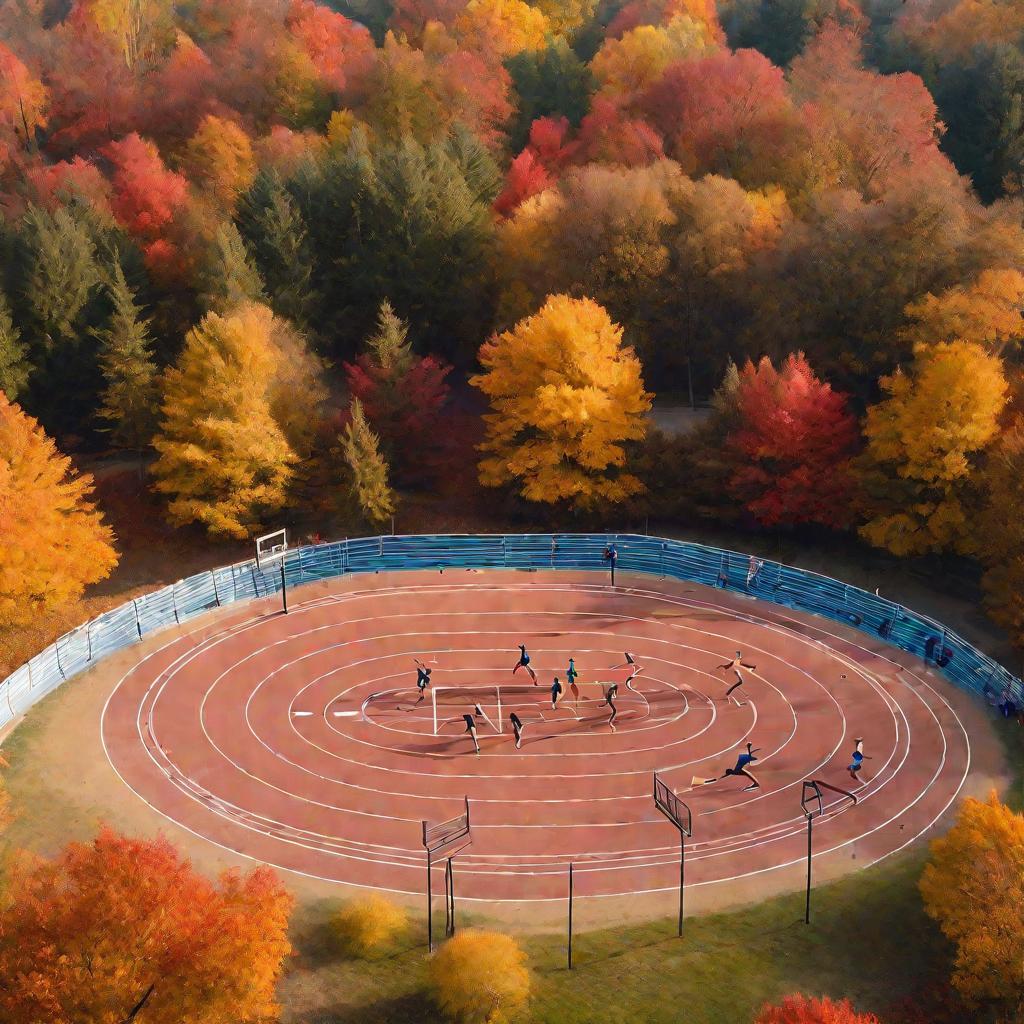 Вид сверху на легкоатлетическую площадку, где тренируются подростки