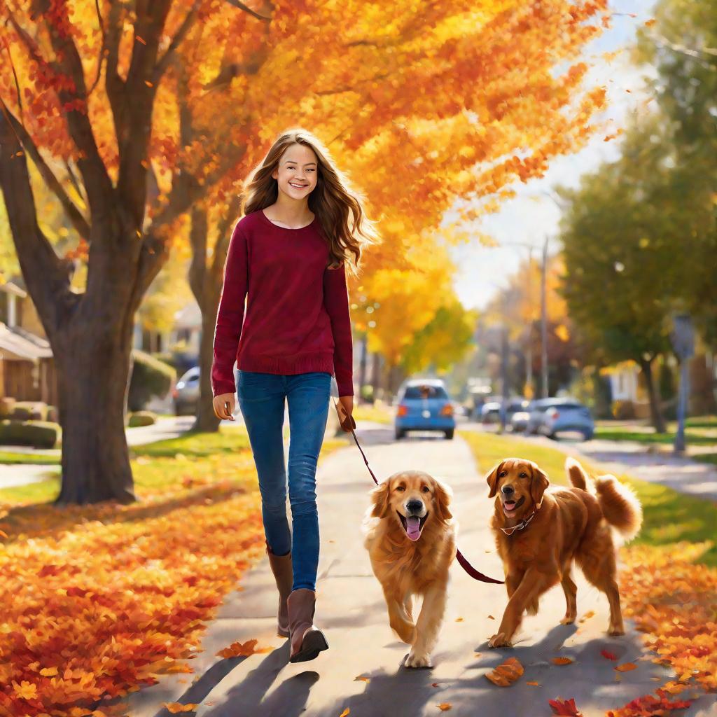 Девушка гуляет с собакой осенью