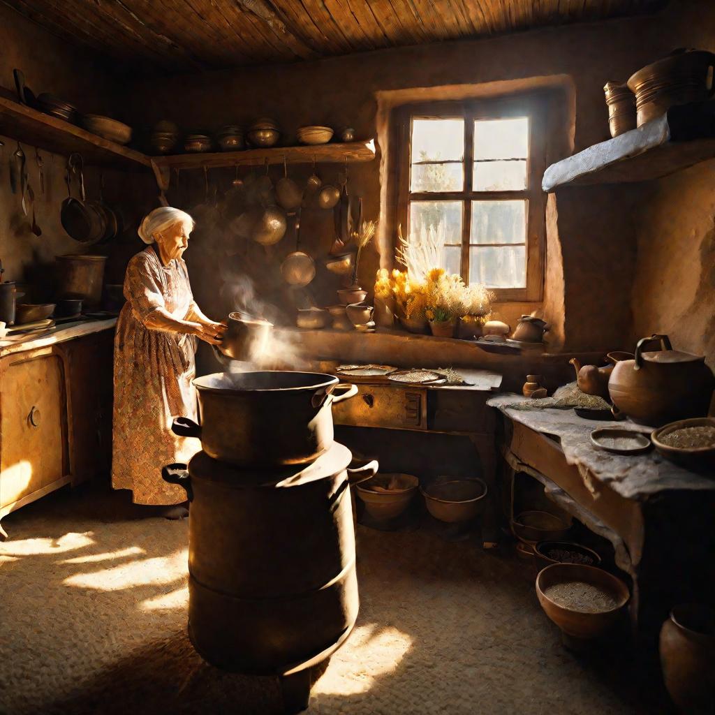 Пожилая женщина готовит кашу на плите