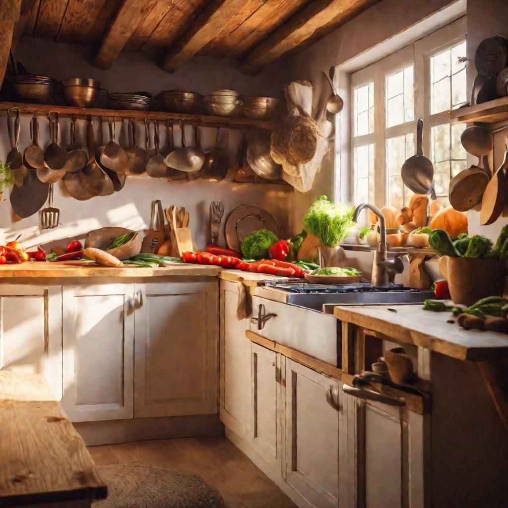 Просторная кухня с овощами во время приготовления еды
