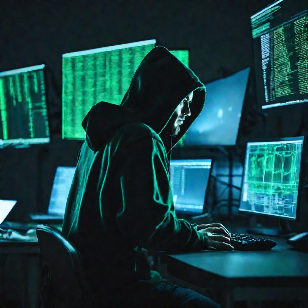 Хакер в темной комнате печатает код