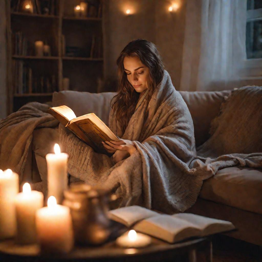 Женщина читает книгу на диване при свечах