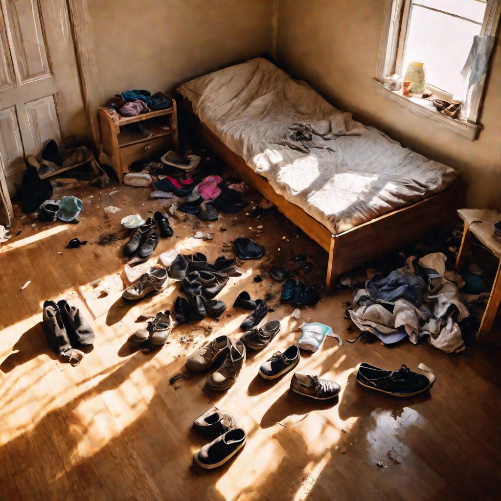 Вид сверху на грязную спальню с разбросанной обувью - отражение плохой гигиены