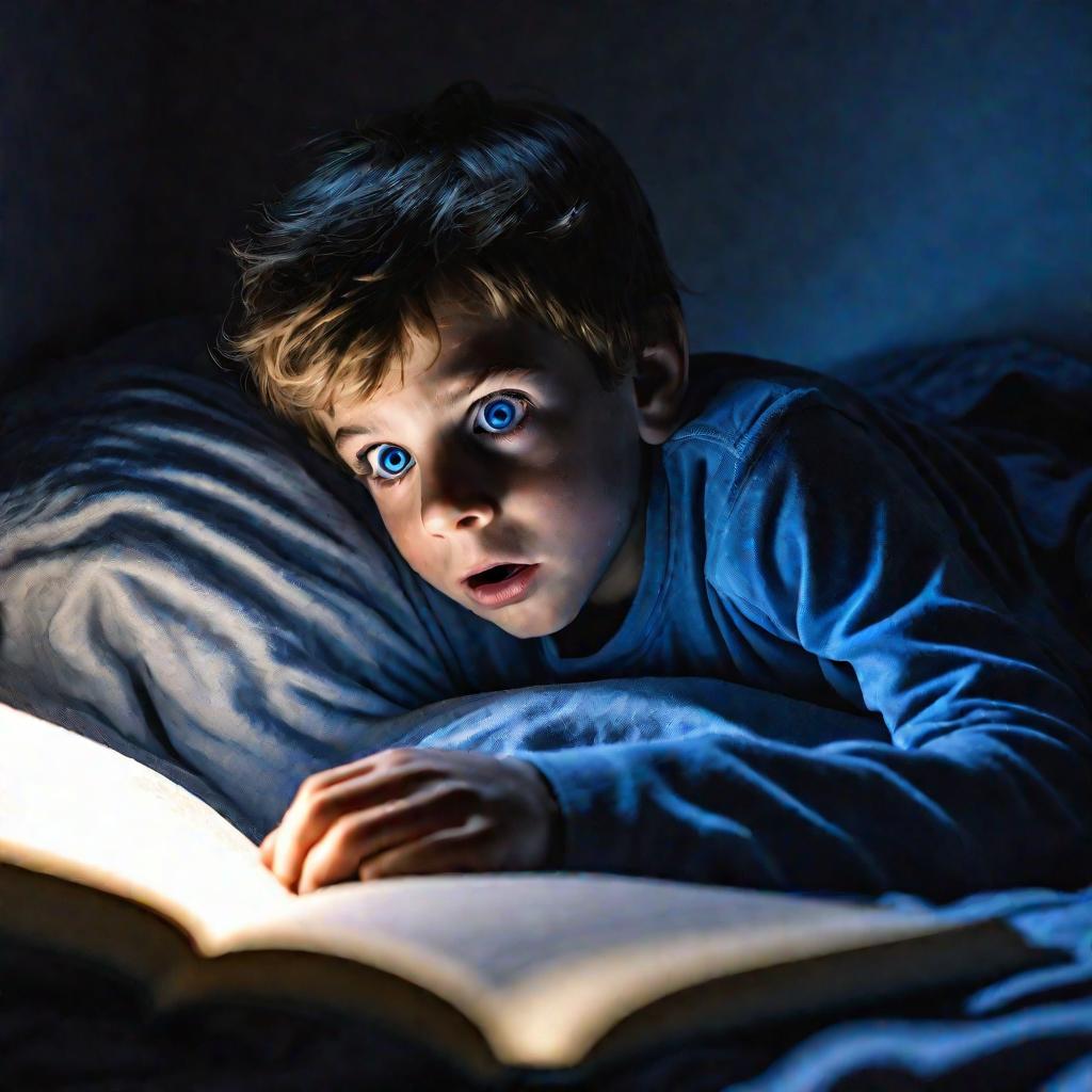 Мальчик читает книгу с фонариком ночью