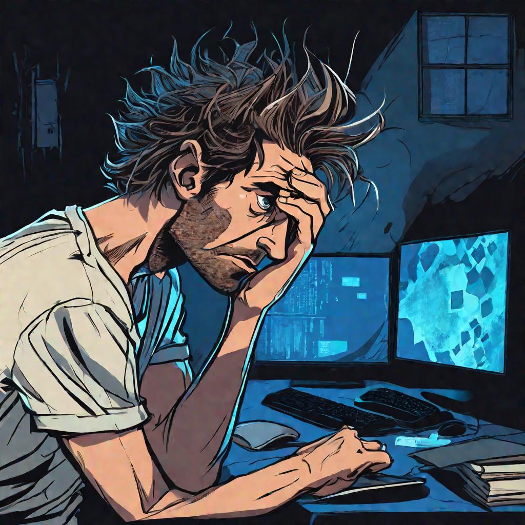 Портрет расстроенного мужчины, смотрящего в синий экран компьютера в темной комнате