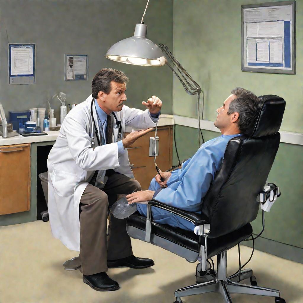 Мужчина с сединой беседует с доктором, которая осматривает его голову в кабинете под ярким светом ламп