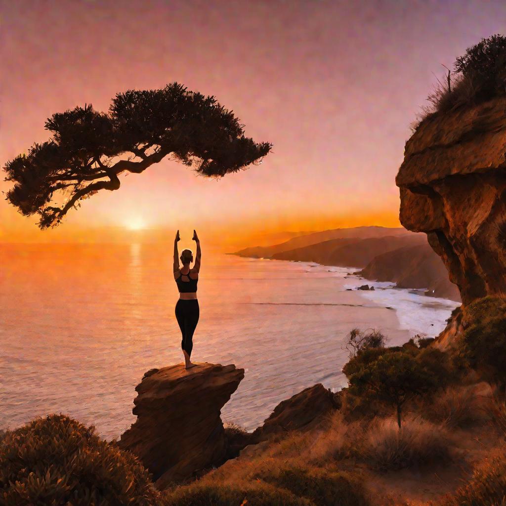 Женщина делает йогу на закате у океана